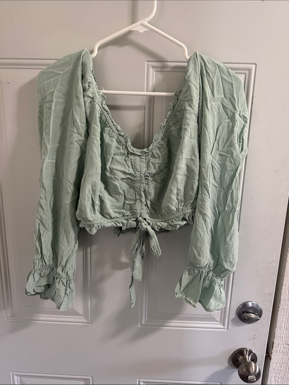 Sage Green Long Sleeve Cropped Peasant Top with Tie Front
